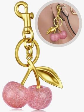 Pink Cherry Keychain Bag Charm Purse Pendant Clip Resin Glitter Cute